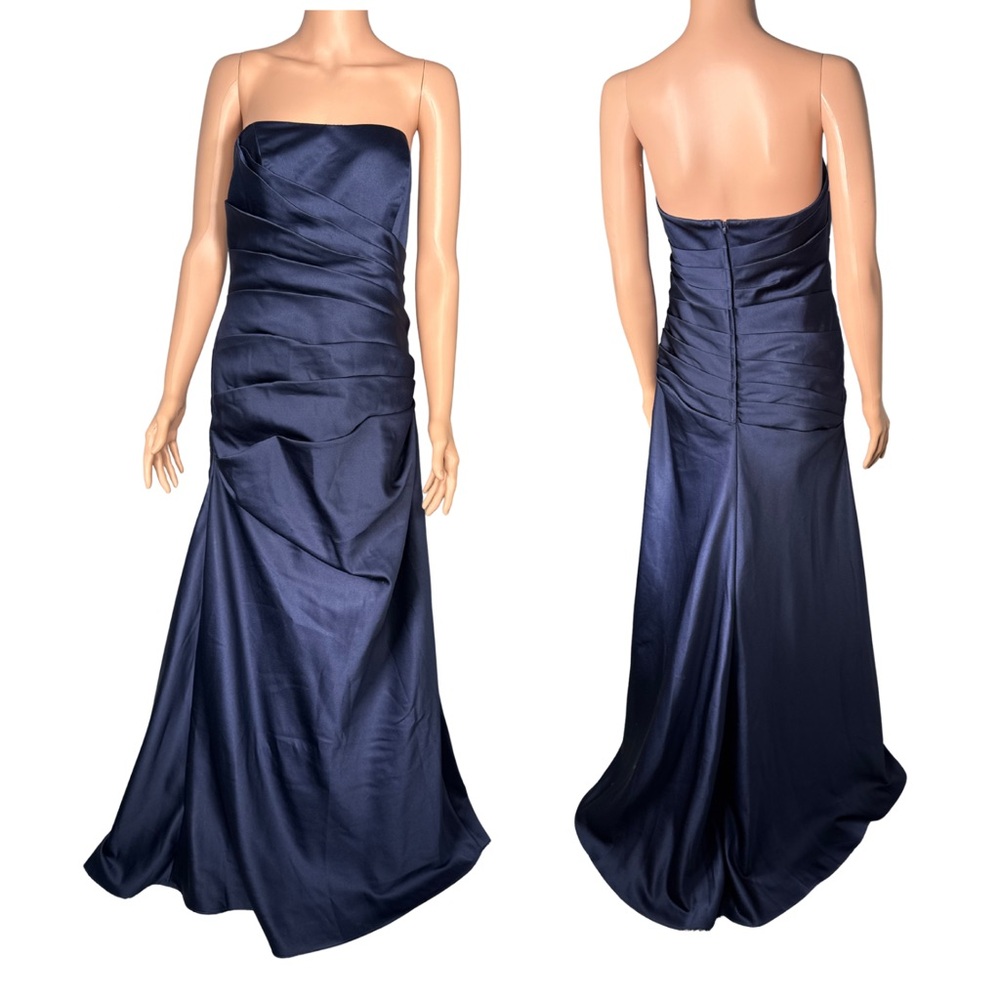 Davids Bridal Navy Blue Strapless Ruched Satin Gown Formal Dress F13974 Size 10